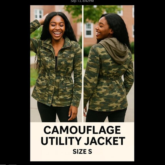 Camouflage Green and Brown Utility Jacket with Collared Neckline and hood - Picture 4 of 11